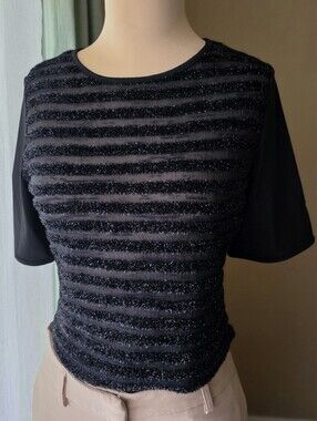 Black Metallic Tinsel Stripe Blouse Top Roccobarocco Jeans Made in Italy Medium